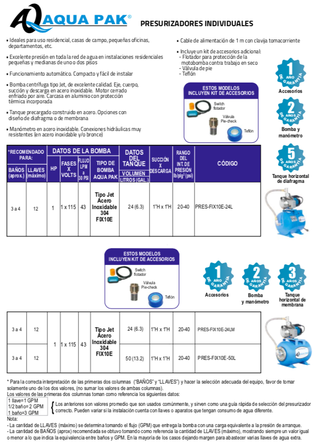 AQUA PAK PRESURIZADORES INDIVIDUALES
