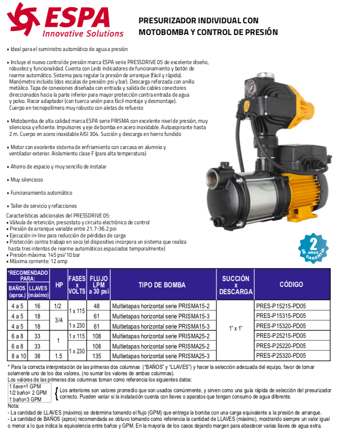 ESPA PRESURIZADORES INDIVIDUALES Y CONTROL DE PRESIÓN