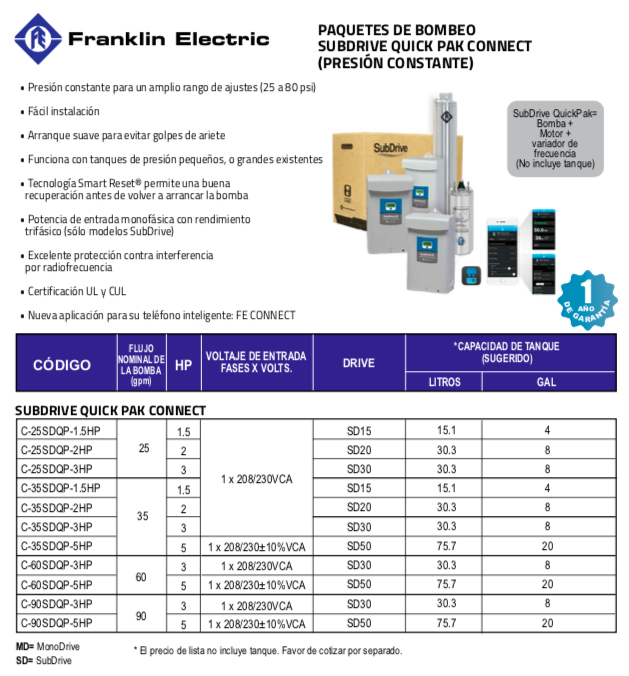FRANKLIN ELECTRIC SISTEMA DE BOMBEO SUMERGIBLE PRESIÓN CONSTANTE